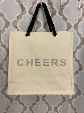 Canvas Tote Bag with 'CHEERS' Wine Tote Glitter Text and Black Rope Handles